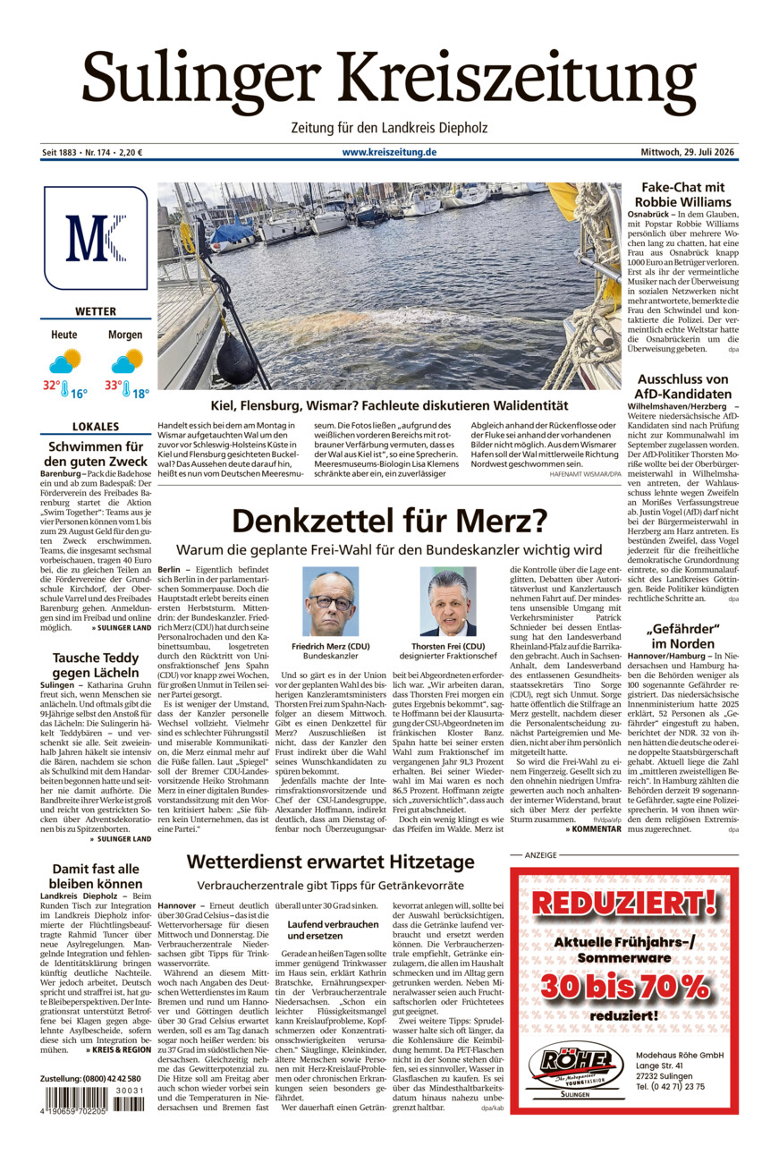 Sulinger Kreiszeitung vom Mittwoch, 29.07.2026