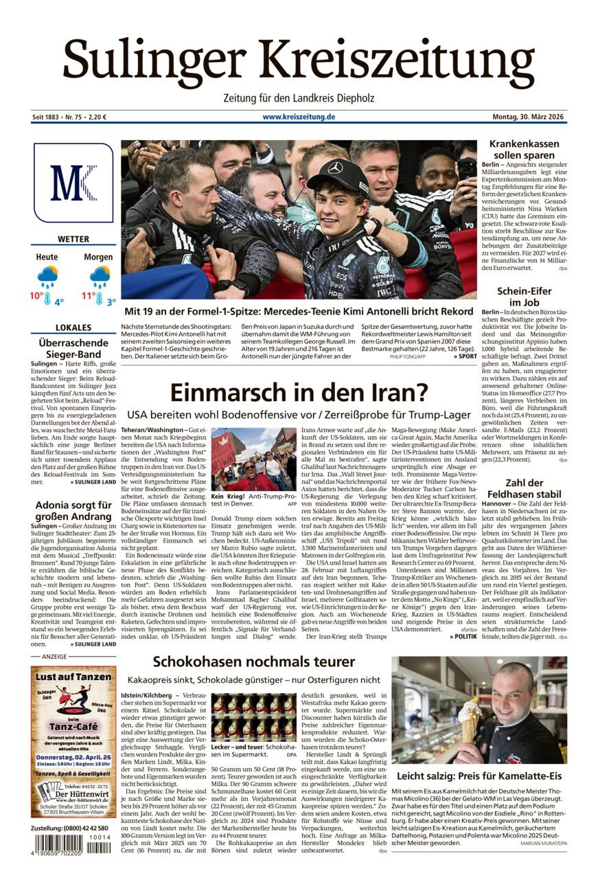 Sulinger Kreiszeitung vom Montag, 30.03.2026