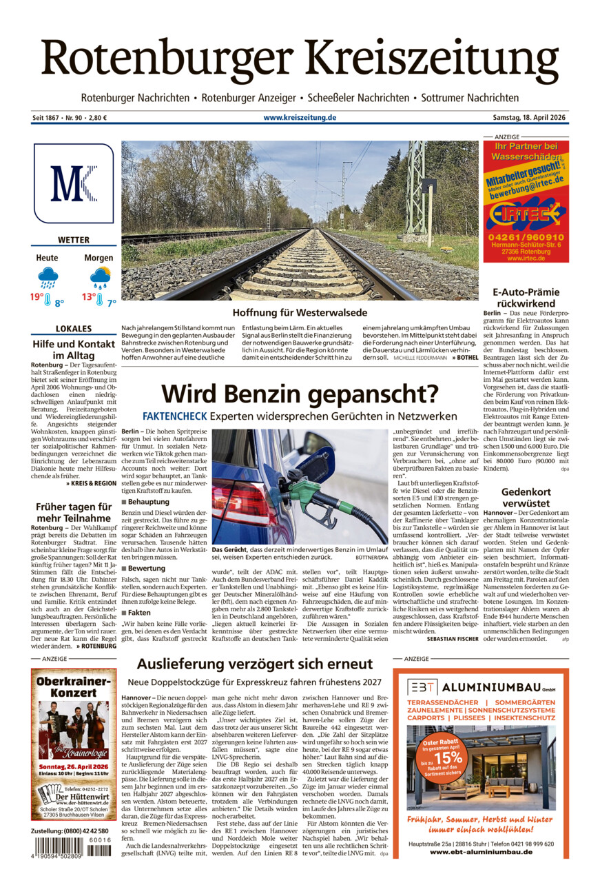 Rotenburger Kreiszeitung/Visselhöveder Nachrichten vom Samstag, 18.04.2026