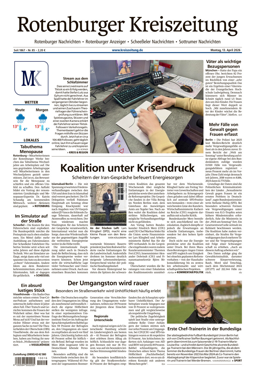 Rotenburger Kreiszeitung/Visselhöveder Nachrichten vom Montag, 13.04.2026