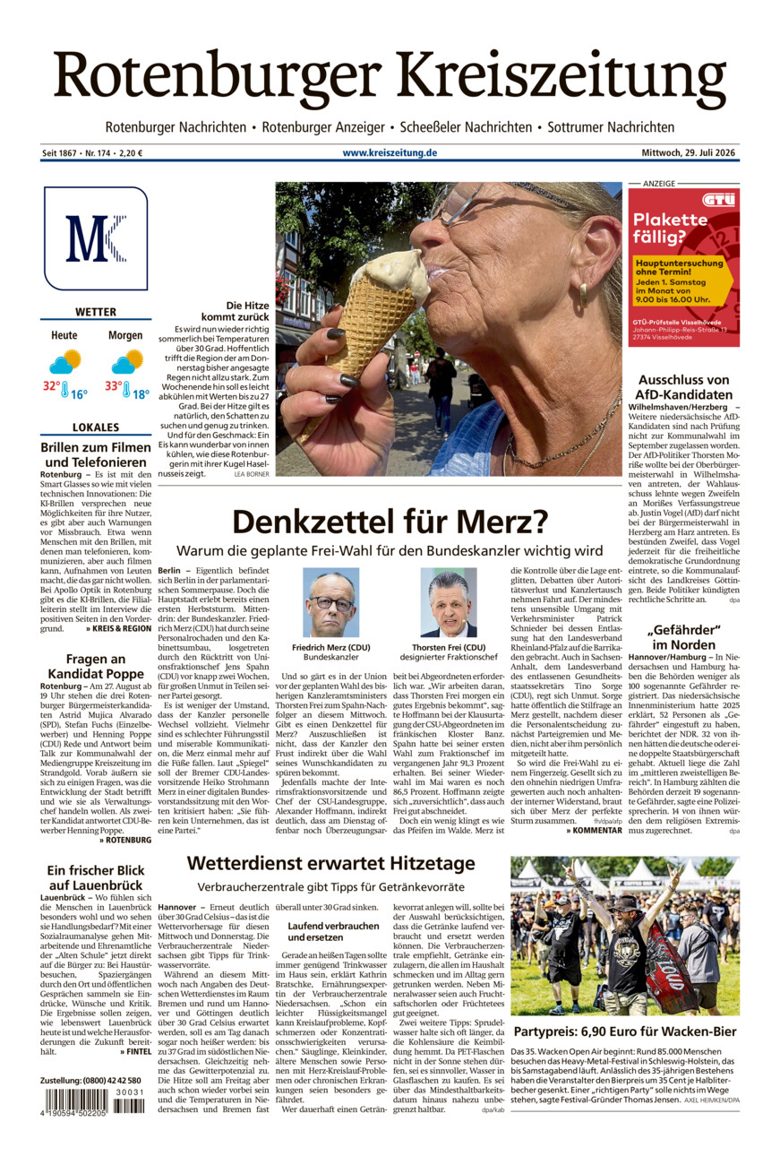 Rotenburger Kreiszeitung/Visselhöveder Nachrichten vom Mittwoch, 29.07.2026
