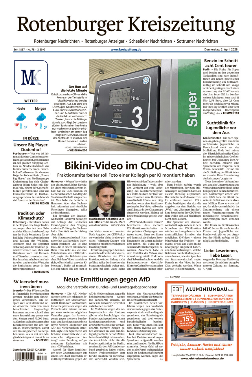 Rotenburger Kreiszeitung/Visselhöveder Nachrichten vom Donnerstag, 02.04.2026