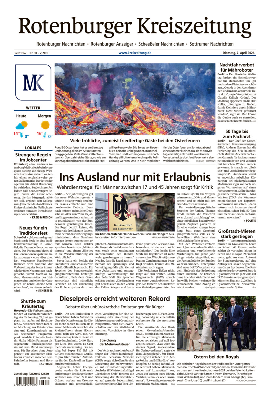Rotenburger Kreiszeitung/Visselhöveder Nachrichten vom Dienstag, 07.04.2026