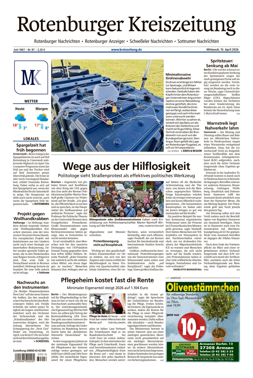 Rotenburger Kreiszeitung/Visselhöveder Nachrichten vom Mittwoch, 15.04.2026