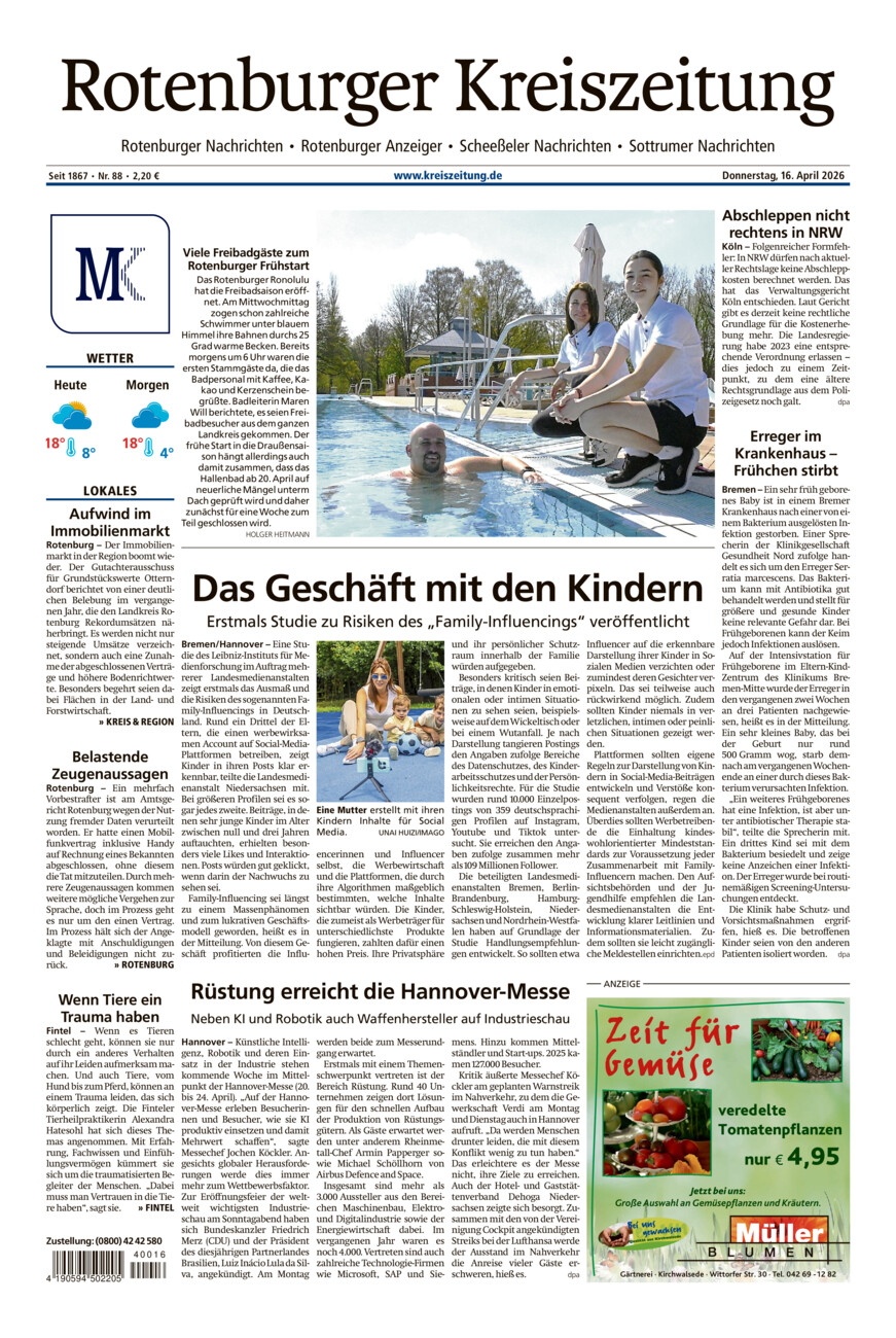 Rotenburger Kreiszeitung/Visselhöveder Nachrichten vom Donnerstag, 16.04.2026