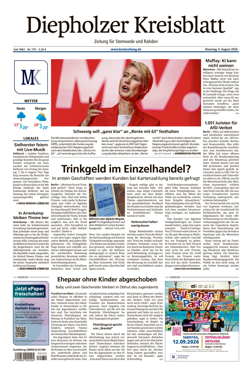 Diepholzer Kreisblatt Stemwede/Rahden vom Dienstag, 04.08.2026