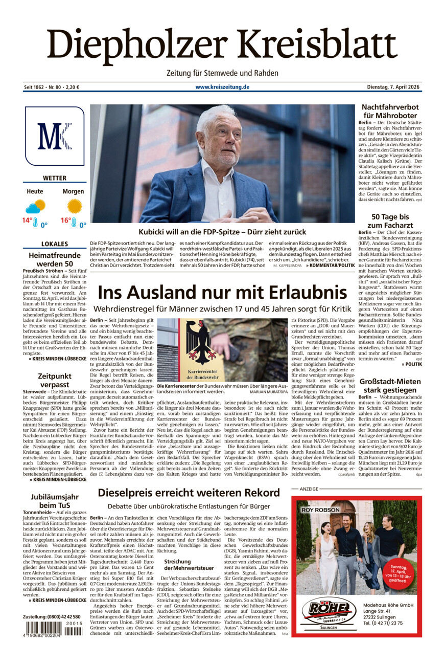 Diepholzer Kreisblatt Stemwede/Rahden vom Dienstag, 07.04.2026