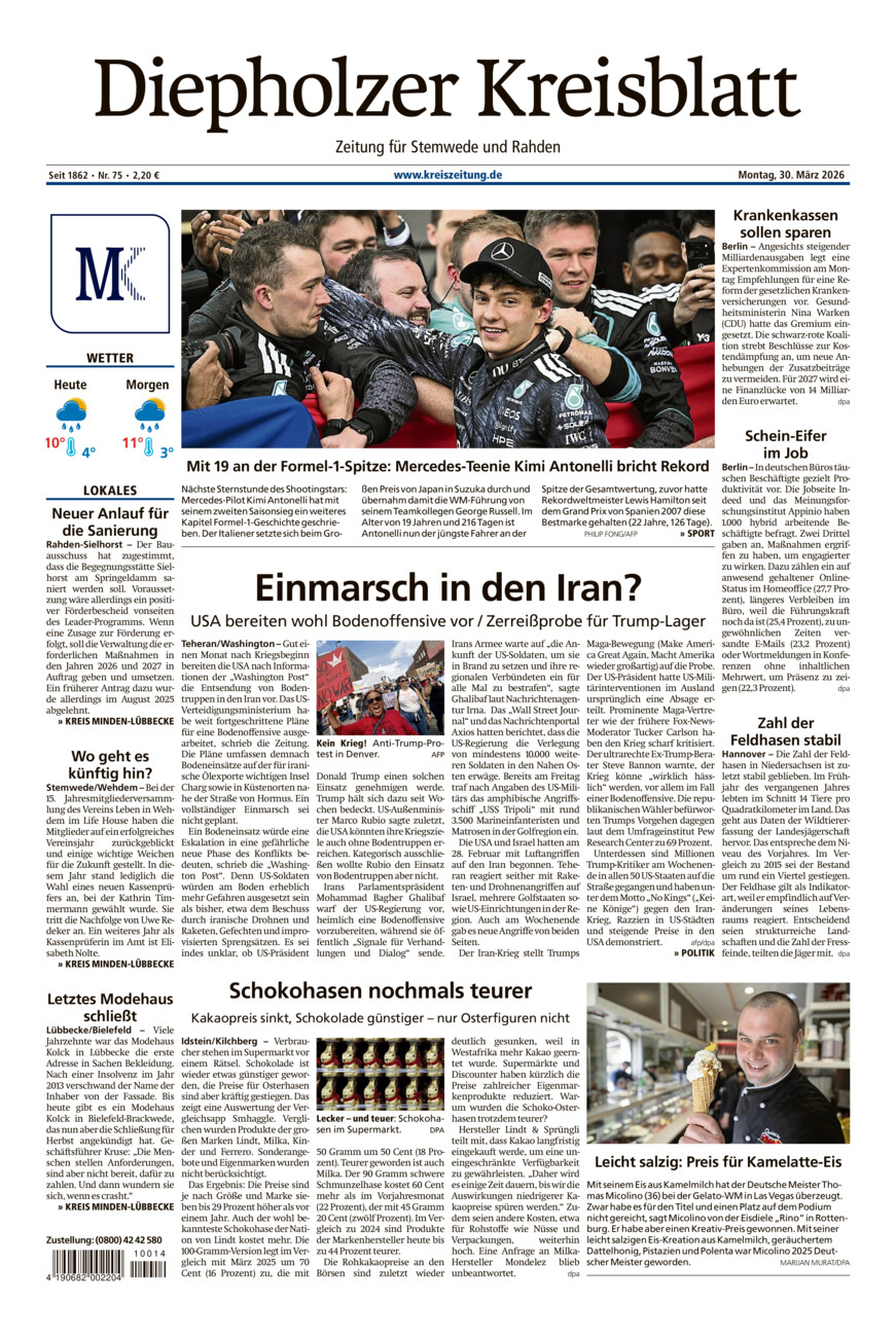 Diepholzer Kreisblatt Stemwede/Rahden vom Montag, 30.03.2026