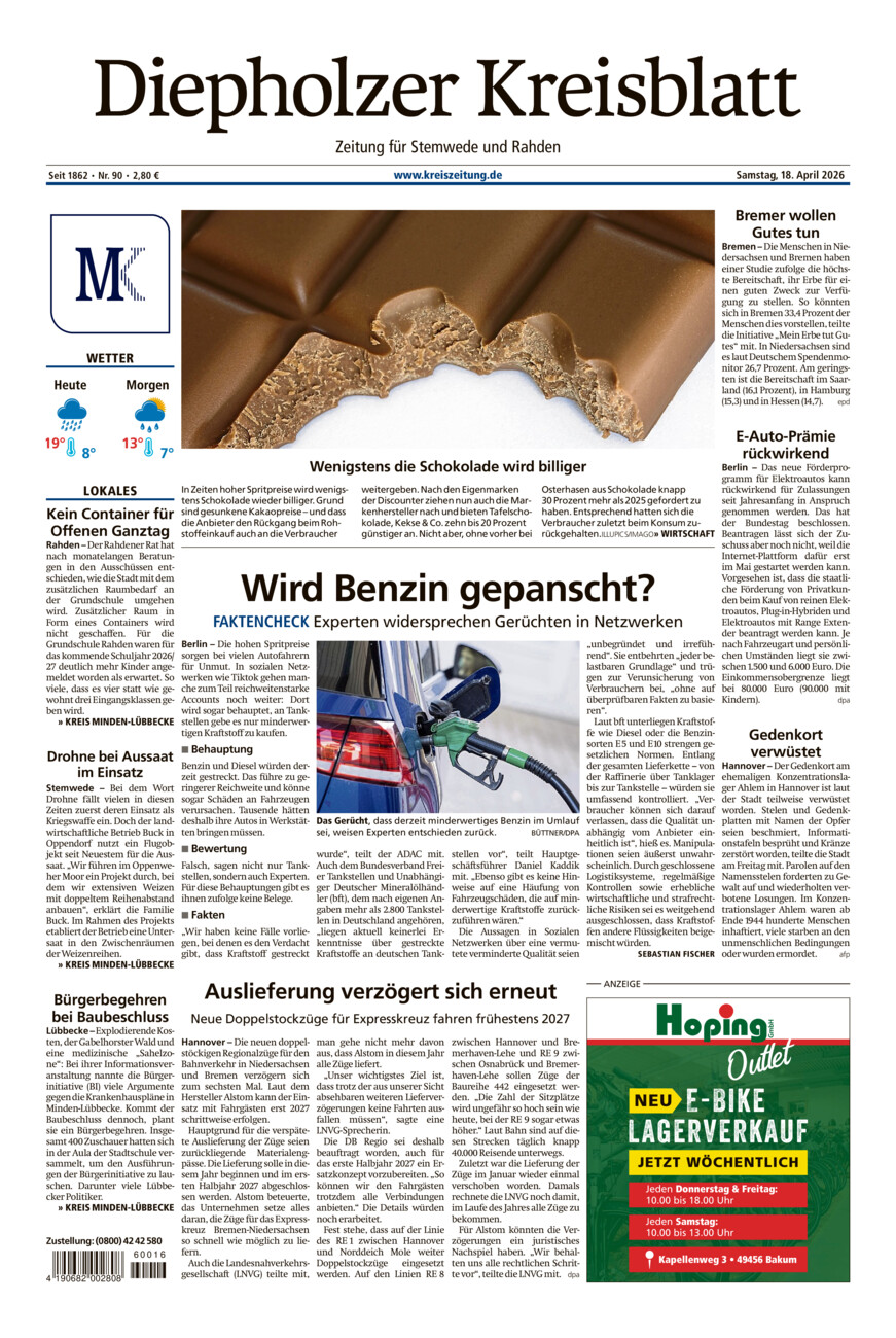 Diepholzer Kreisblatt Stemwede/Rahden vom Samstag, 18.04.2026