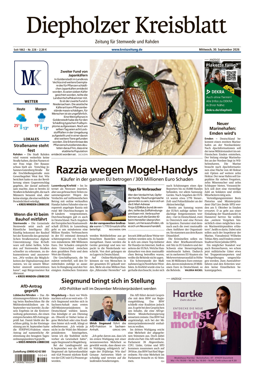 Diepholzer Kreisblatt Stemwede/Rahden vom Mittwoch, 30.09.2026