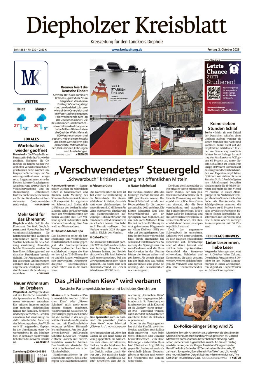 Diepholzer Kreisblatt vom Freitag, 02.10.2026