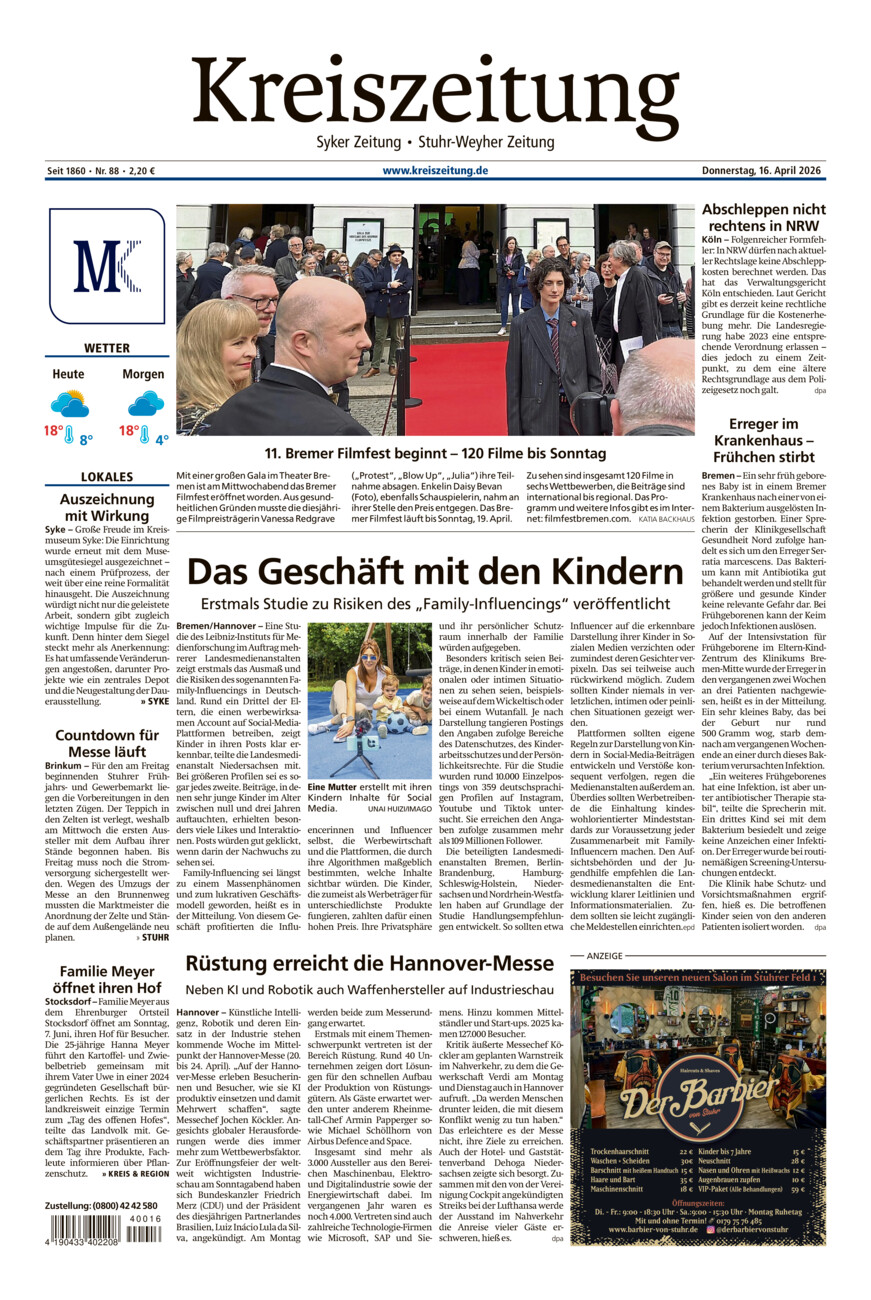 Kreiszeitung Syke/Weyhe/Stuhr vom Donnerstag, 16.04.2026