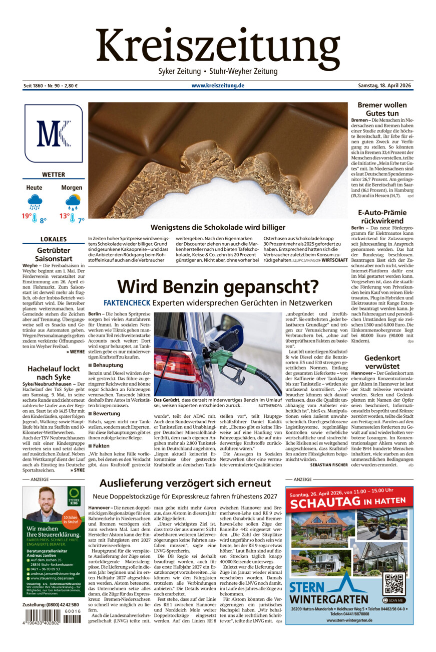 Kreiszeitung Syke/Weyhe/Stuhr vom Samstag, 18.04.2026