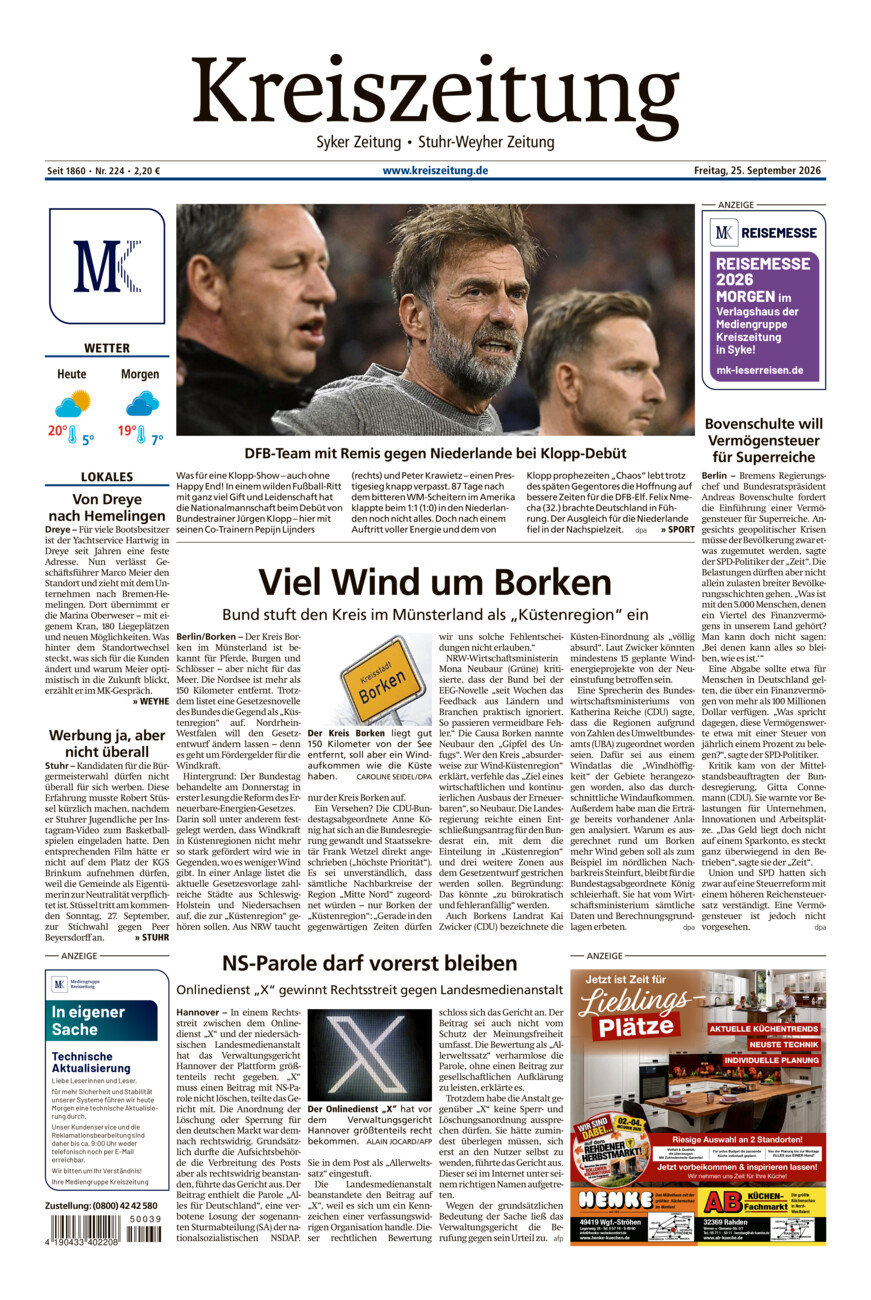 Kreiszeitung Syke/Weyhe/Stuhr vom Freitag, 25.09.2026