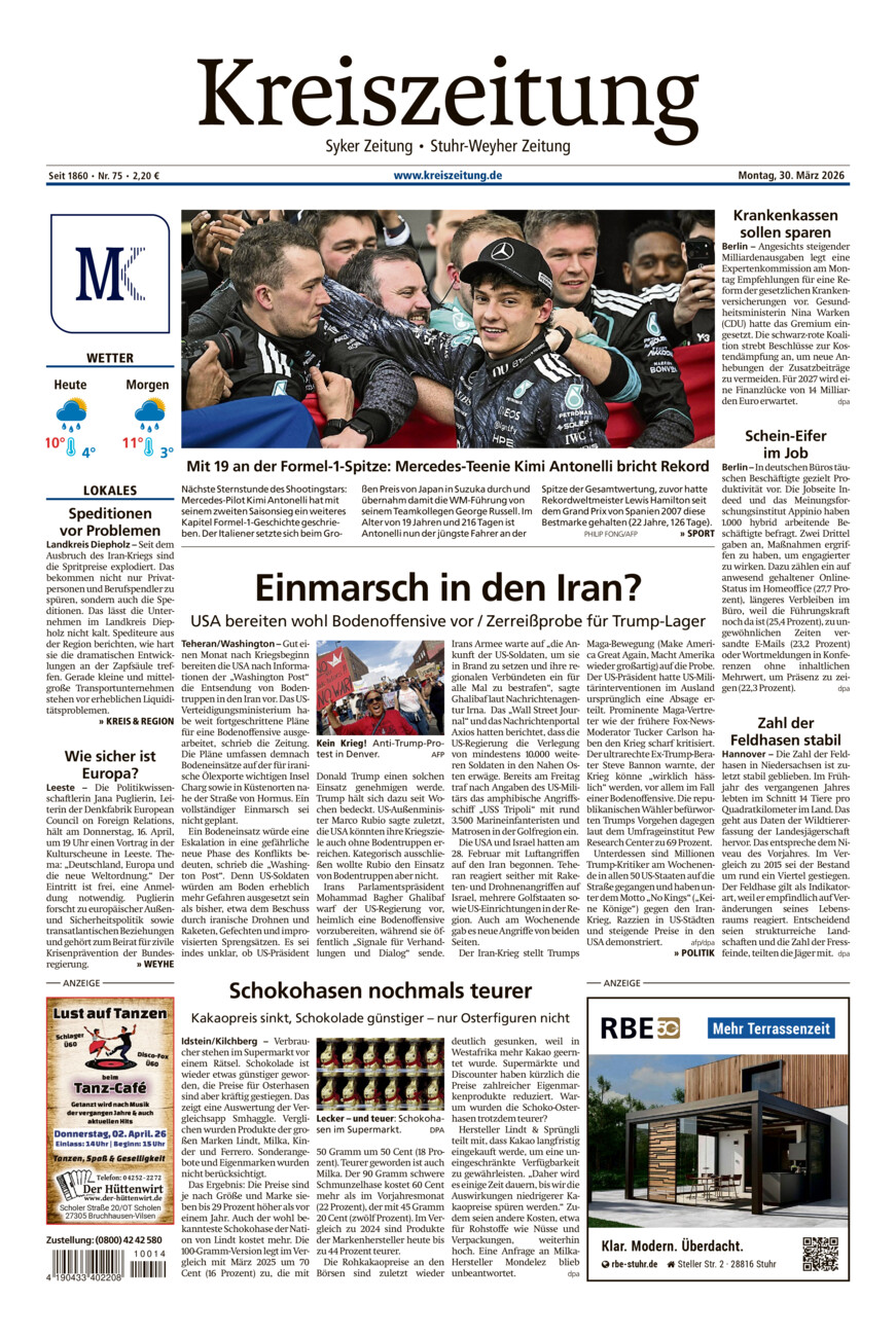 Kreiszeitung Syke/Weyhe/Stuhr vom Montag, 30.03.2026