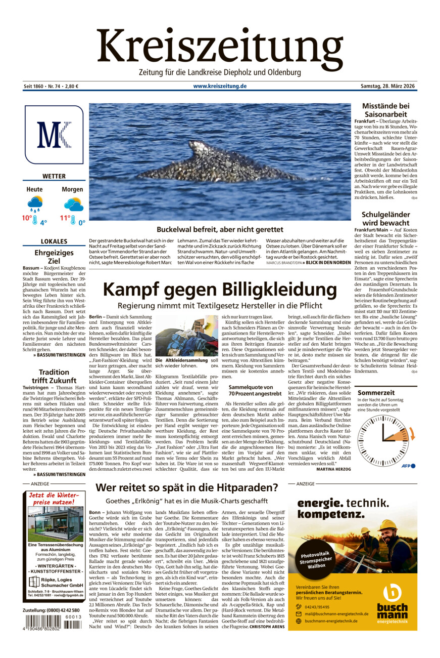 Kreiszeitung Bassum/Twistringen vom Samstag, 28.03.2026