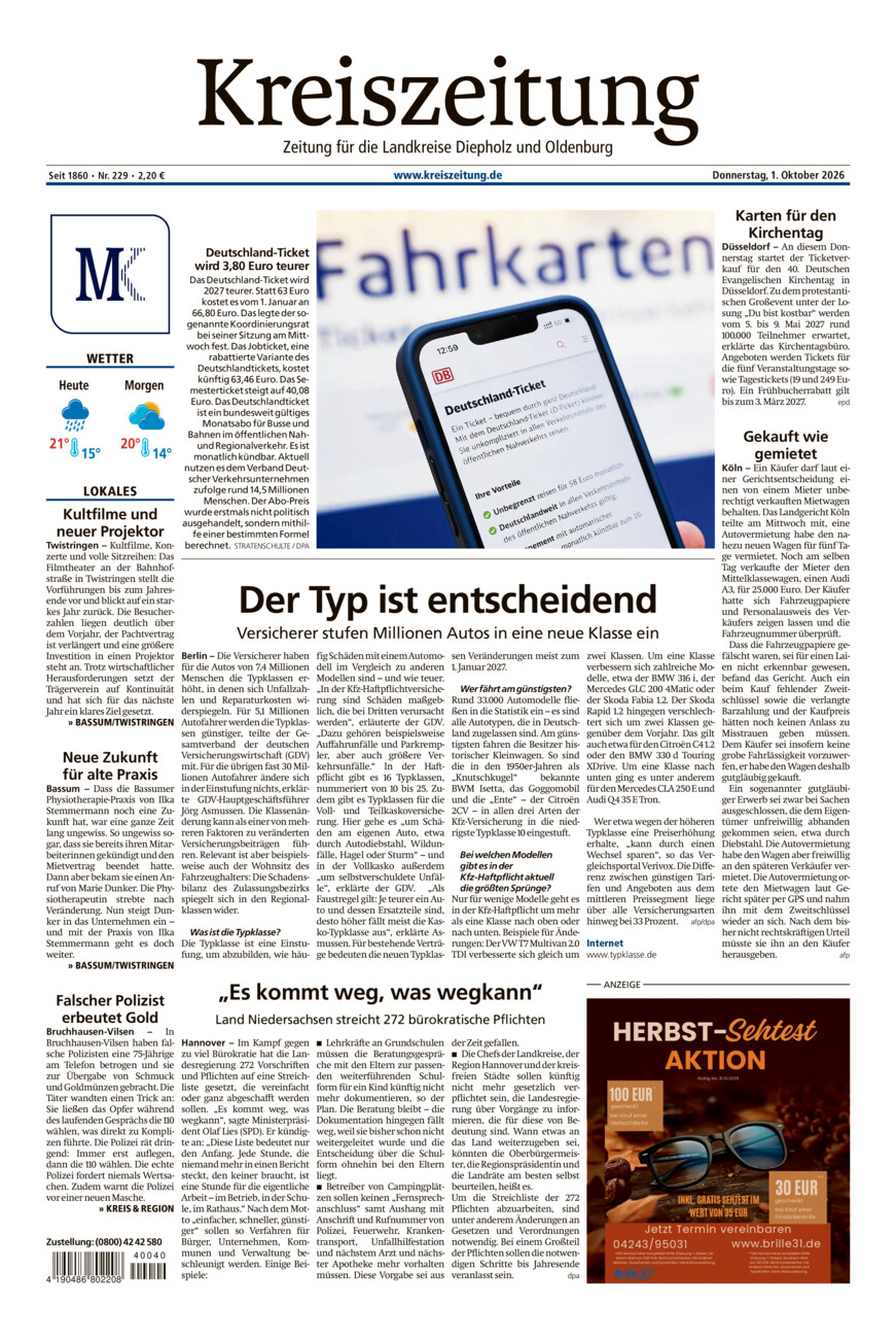 Kreiszeitung Bassum/Twistringen vom Donnerstag, 01.10.2026