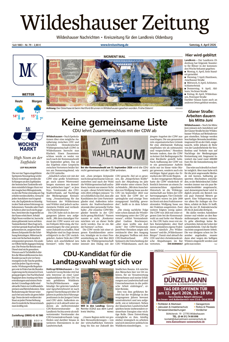 Wildeshauser Zeitung vom Samstag, 04.04.2026