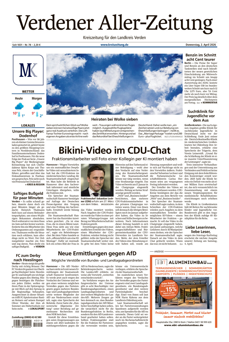 Verdener Aller-Zeitung vom Donnerstag, 02.04.2026
