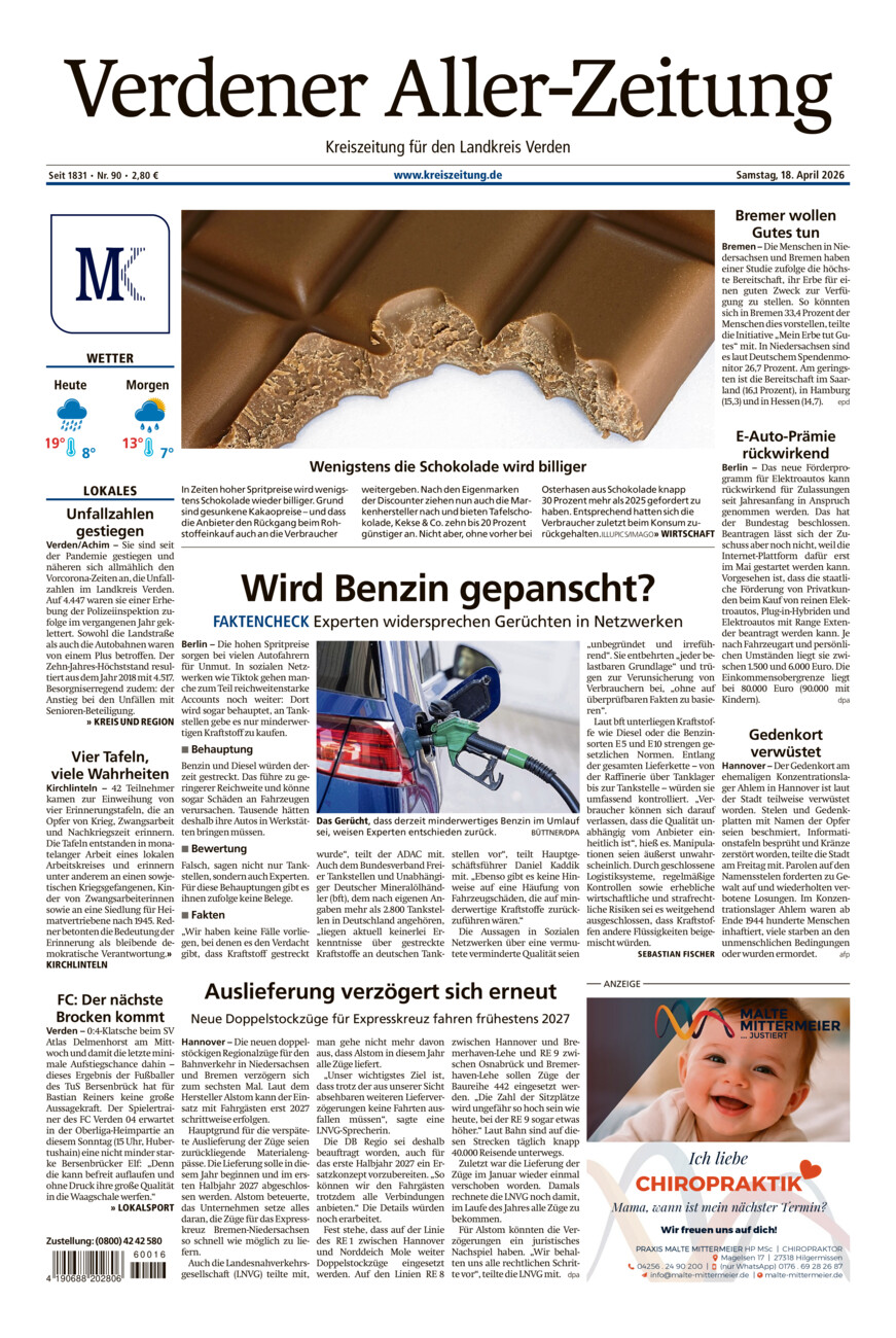 Verdener Aller-Zeitung vom Samstag, 18.04.2026