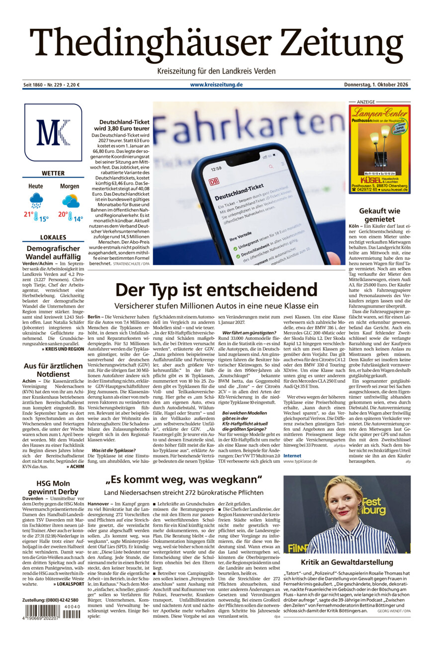 Thedinghäuser Zeitung vom Donnerstag, 01.10.2026