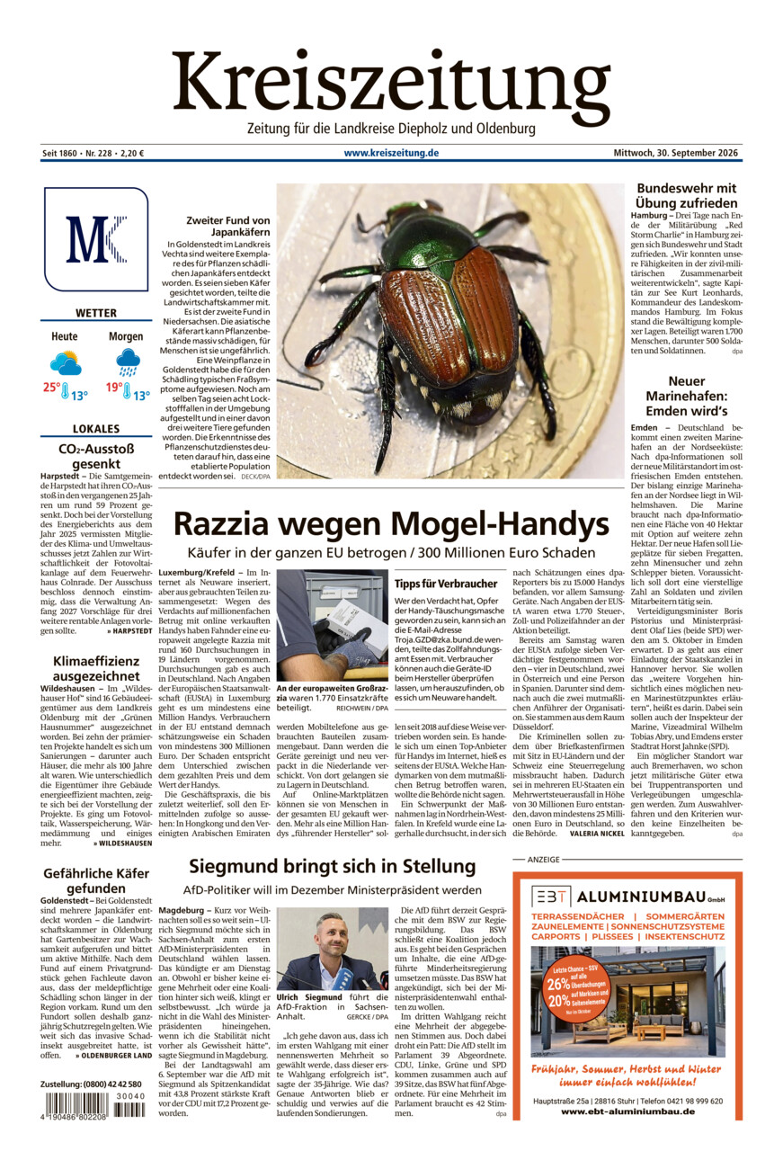 Kreiszeitung Kreis Oldenburg vom Mittwoch, 30.09.2026