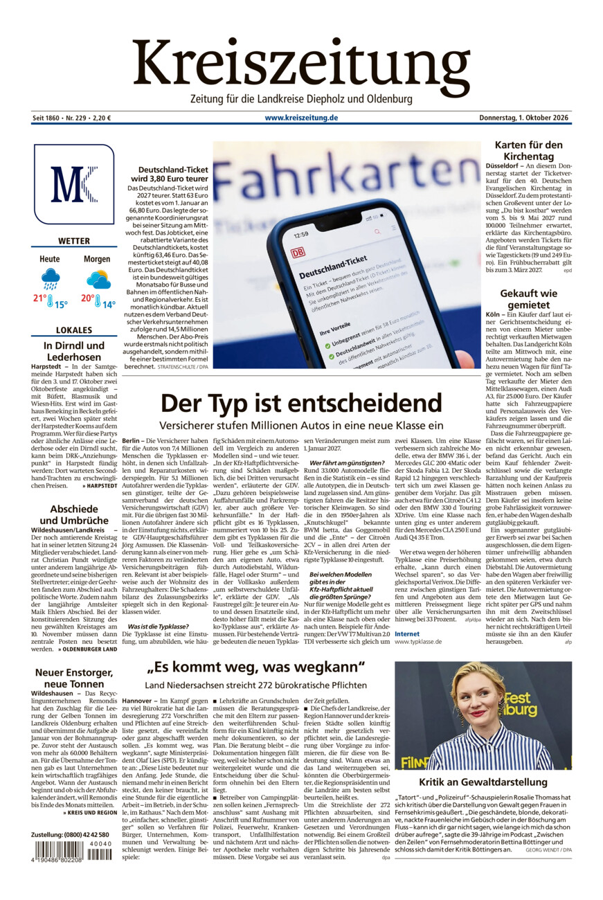 Kreiszeitung Kreis Oldenburg vom Donnerstag, 01.10.2026