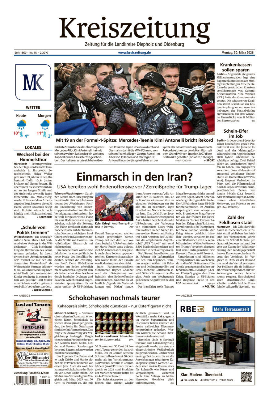 Kreiszeitung Kreis Oldenburg vom Montag, 30.03.2026