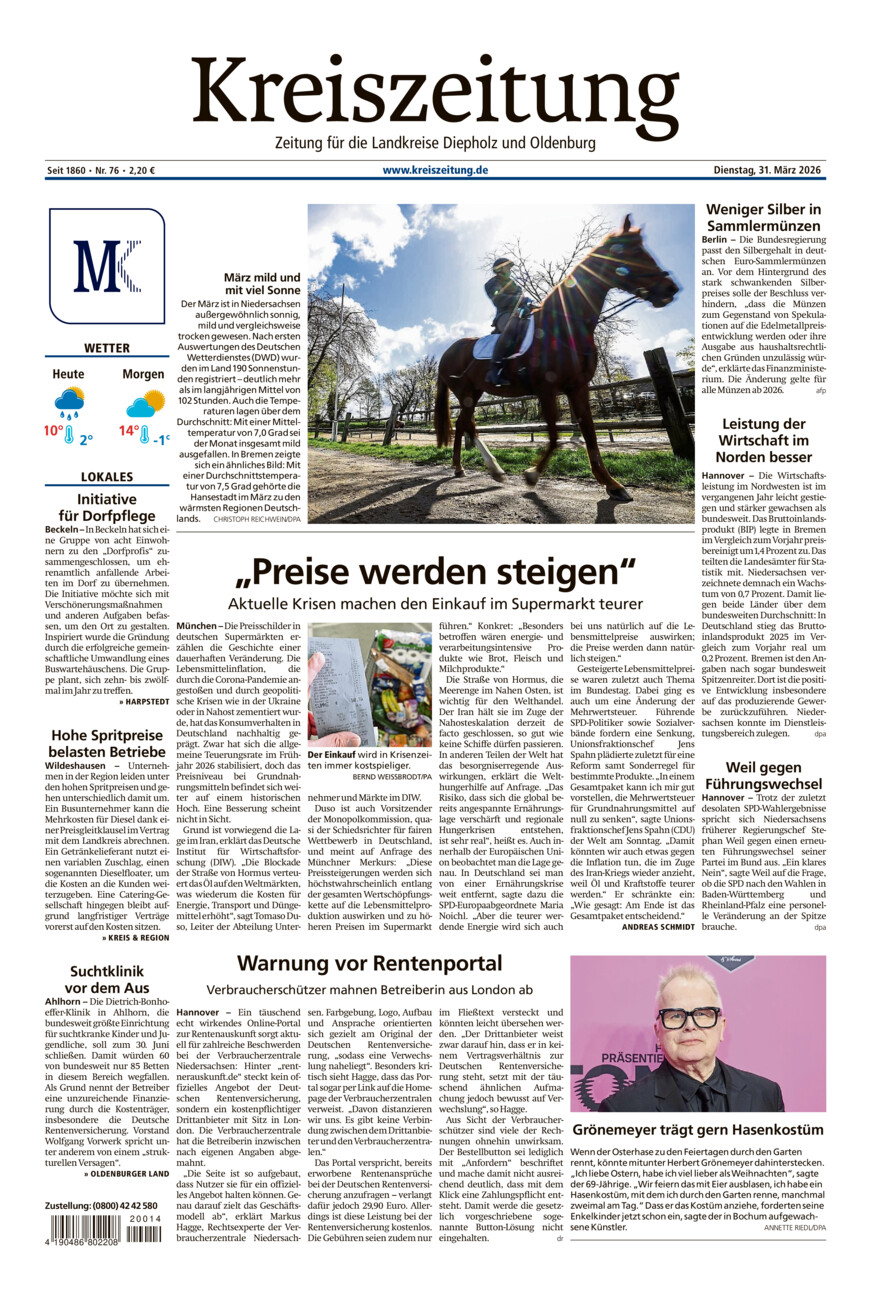 Kreiszeitung Kreis Oldenburg vom Dienstag, 31.03.2026
