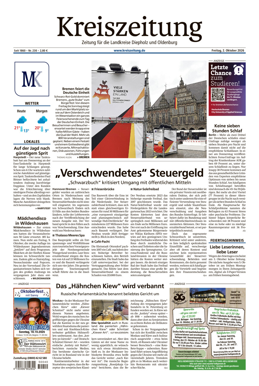 Kreiszeitung Kreis Oldenburg vom Freitag, 02.10.2026