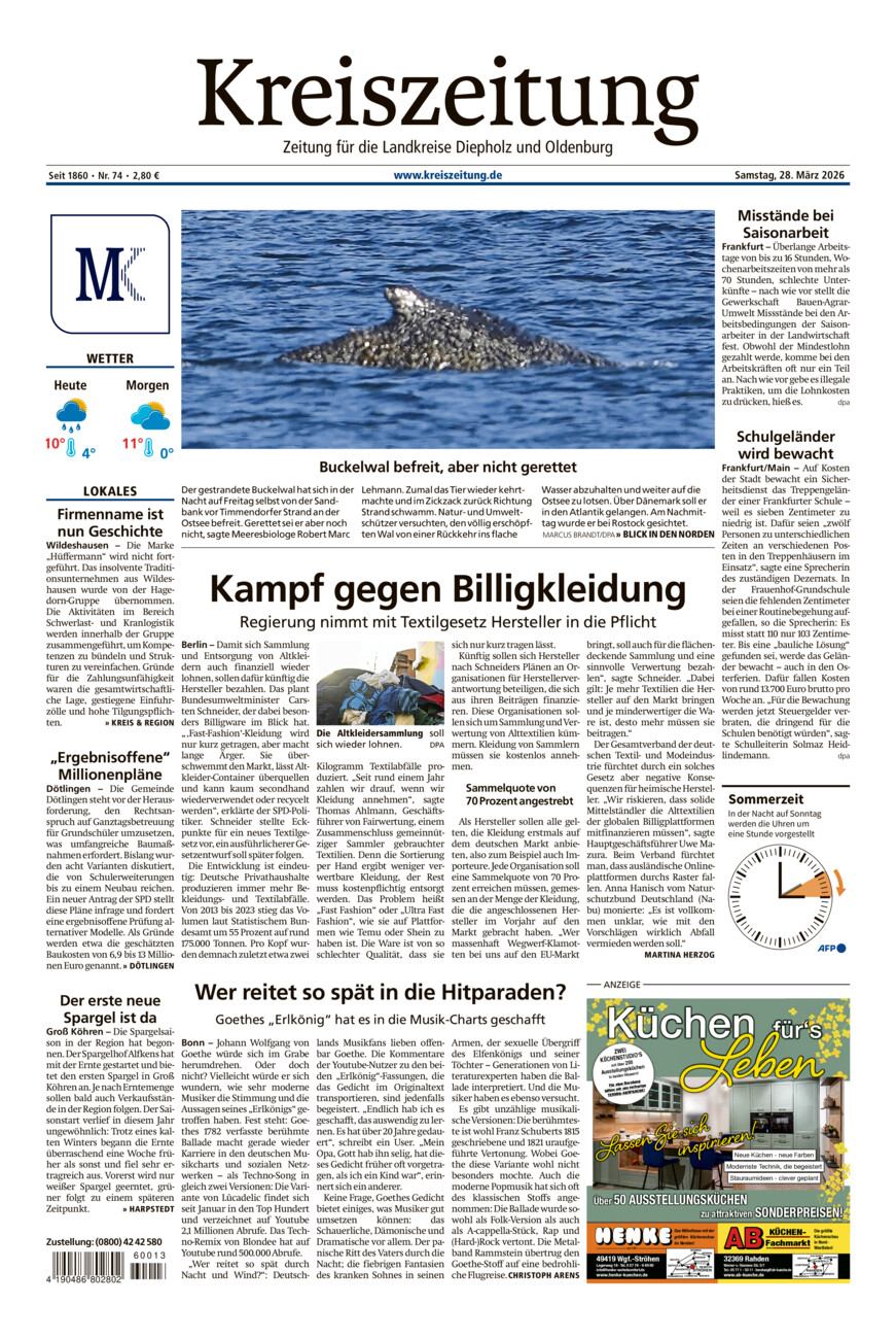Kreiszeitung Kreis Oldenburg vom Samstag, 28.03.2026