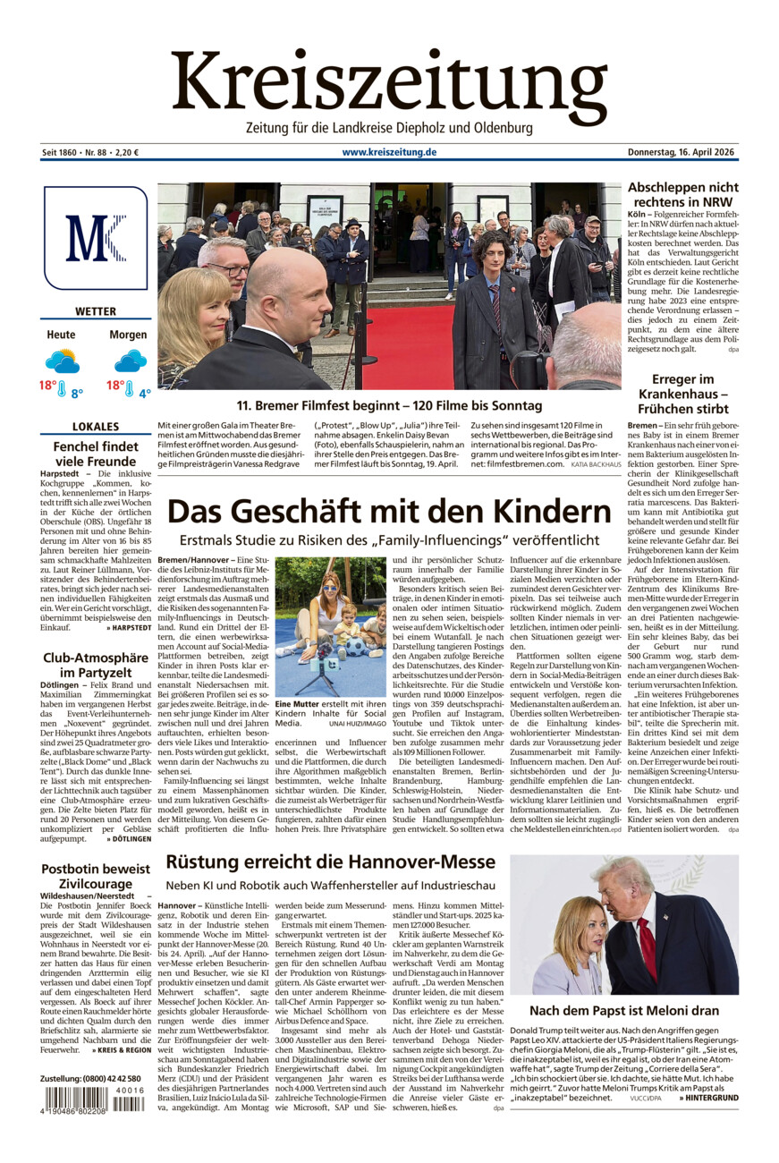 Kreiszeitung Kreis Oldenburg vom Donnerstag, 16.04.2026