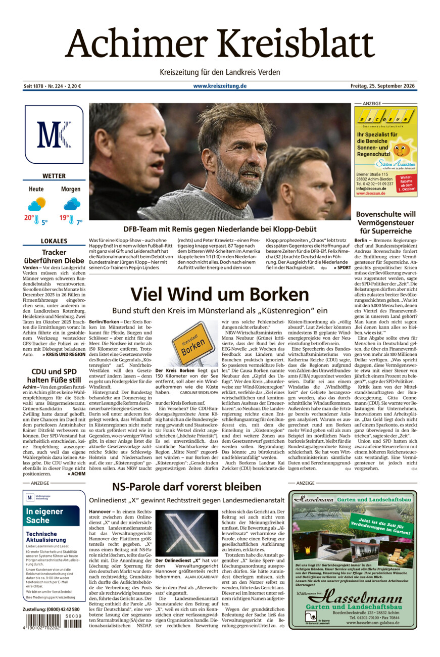Achimer Kreisblatt vom Freitag, 25.09.2026