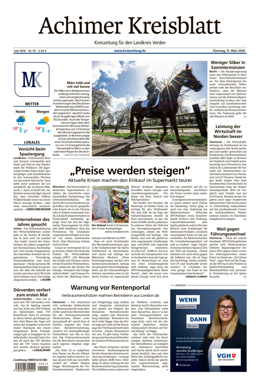 Achimer Kreisblatt vom Dienstag, 31.03.2026